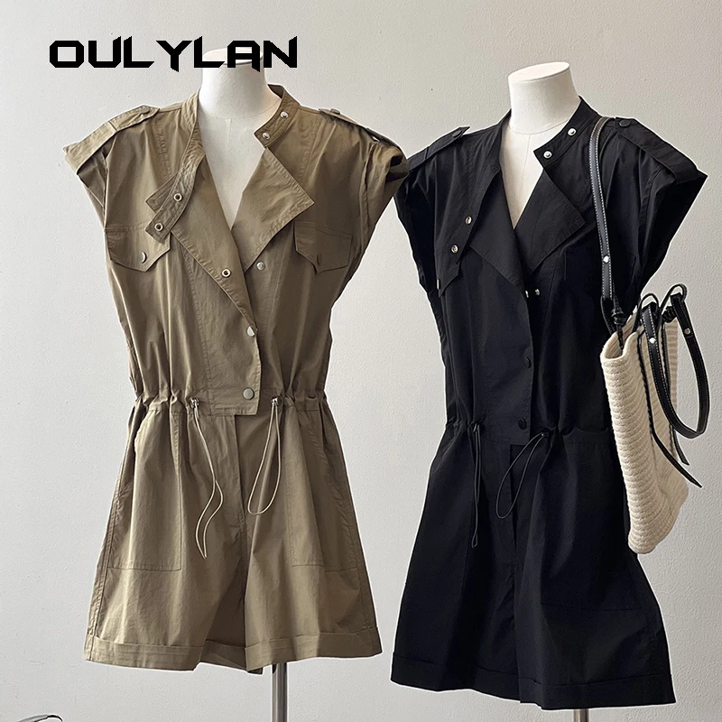 

OULYLAN High Waisted Workwear Jumpsuit women 2024 Summer Drawstring Stand up Collar Flying Sleeve Shirt Shorts Jumpsuits 80998