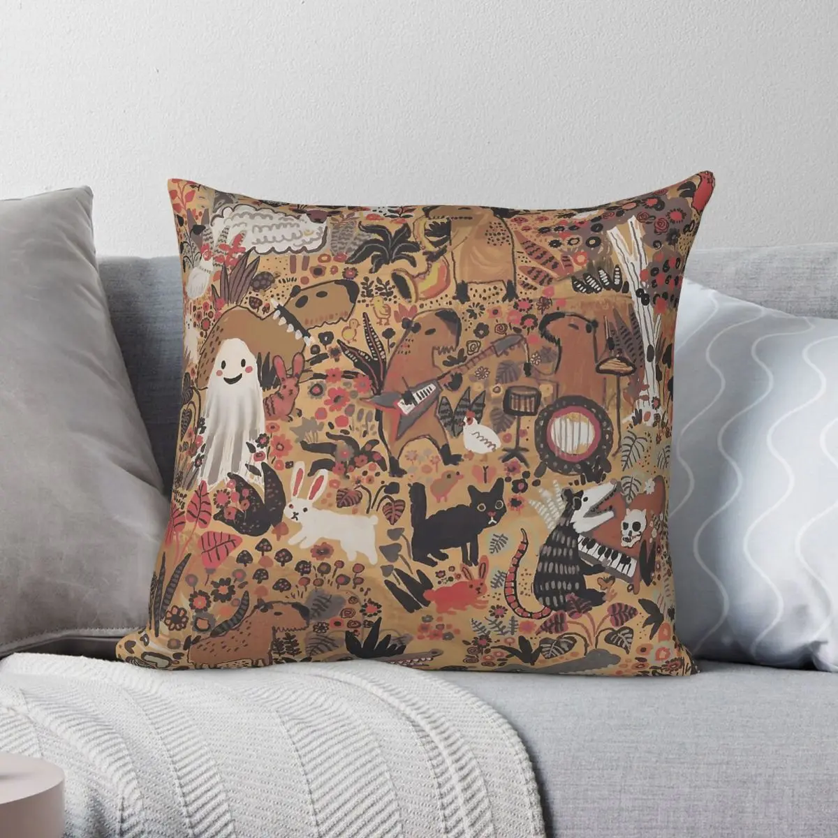Capybara Ghost Enjoy The Party Pillowcase Polyester Linen Velvet Pattern Zip Decorative Sofa Cushion Cover