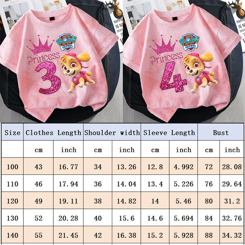 Camisetas Paw Patrol Tie-dye para niños, camisa de manga corta estampada con número de dibujos animados 1-10, Top de moda de verano para niñas, regalos de cumpleaños