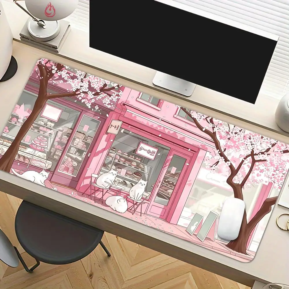 White Cat and Dessert Shop Mouse Pad Desk Mat Large Computer Office Carpet XXL Mousepad Gamer Gaming PC Accessories Keyboard Rug
