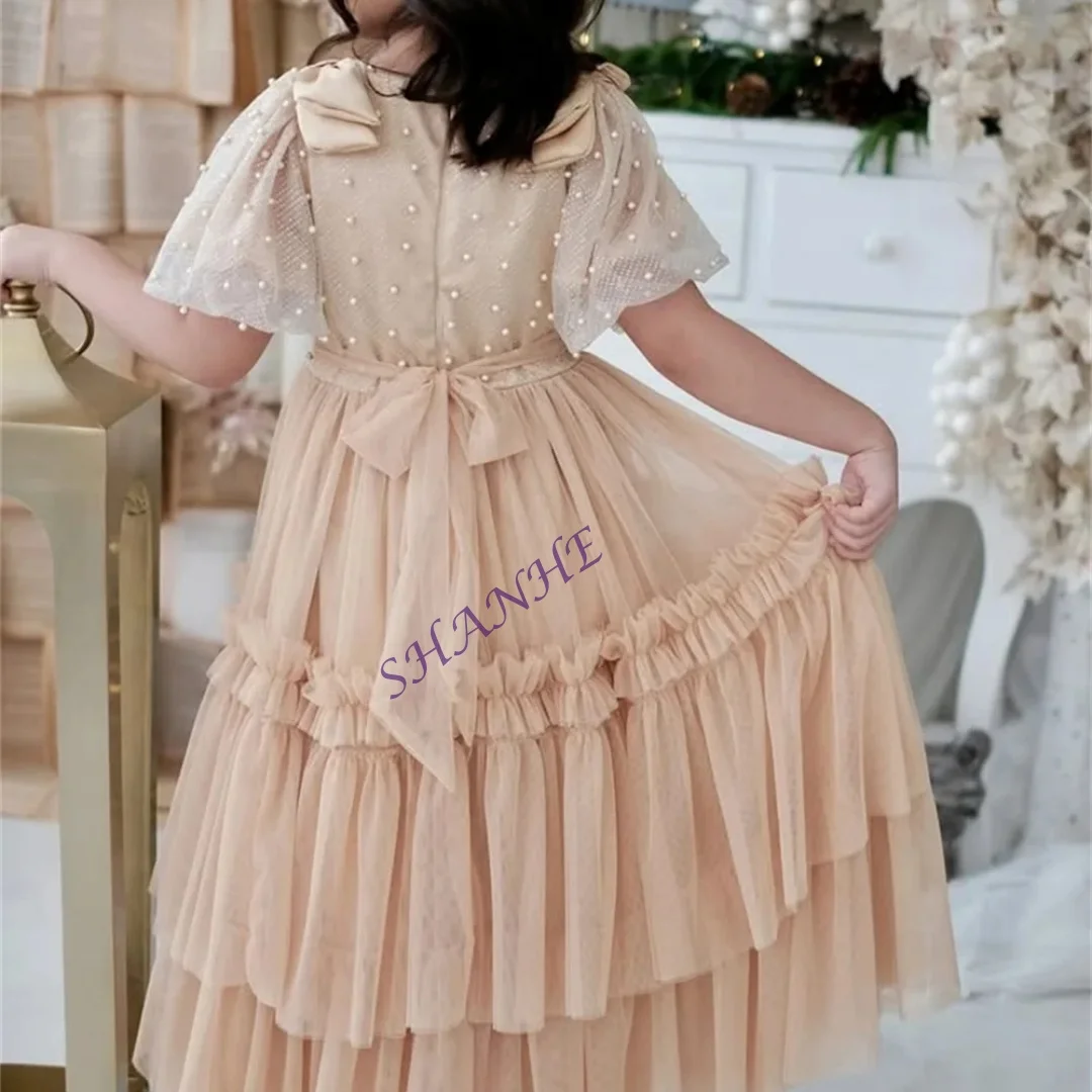 تخصيص الديكور س الرقبة نصف كم أنيقة فاخرة زهرة فتاة فستان الكاحل طول الكرة الطويلة الكلاسيكية ثوب التواصل الأول مخصص #2