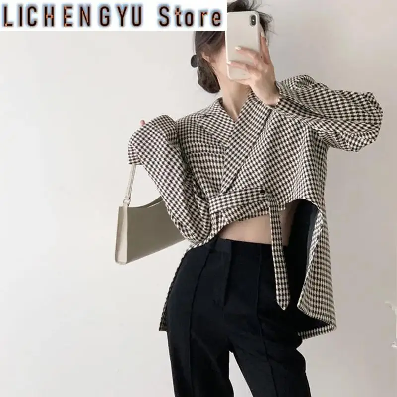 

New Vintage Plaid Blazer Women Irregular Houndstooth Suit Jacket Sexy Cropped Coat Korean Elegant Office Lady Outwear Autumn