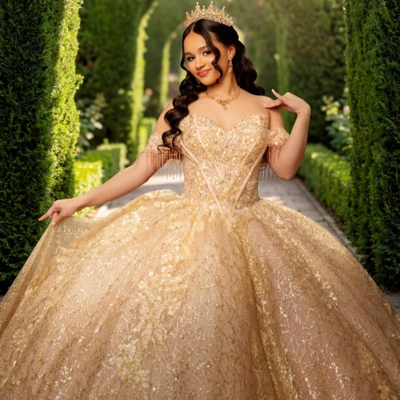 

Shiny Champagne Gold Quinceanera Dress off-shoulder Glitter Crystal Decal Long tail vestidos de 15 Quinceanera ﻿Customize