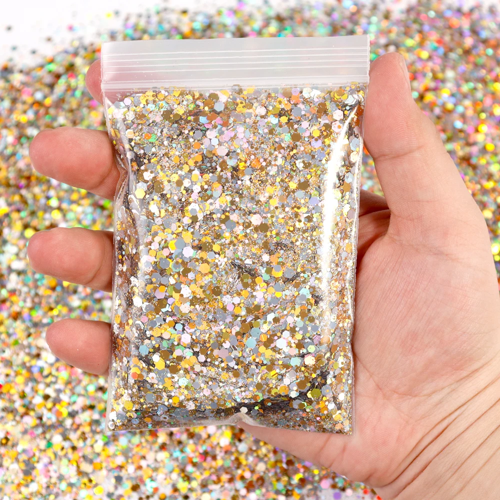 50 gr/beutel Holographische Chunky Glitter Mixed Laser Hexagon Nagel Tipps Glitter Flake Sparkly Pailletten Scheiben Pailletten Nail art Glitter