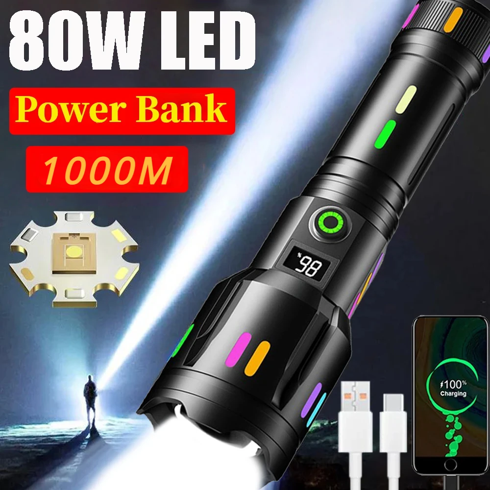 Tactical Laser Zoom Flashlight 1000 Meters Long Range TYPE-C Rechargeable Fluorescent Spotlight Outdoor Strong Light Flashlight