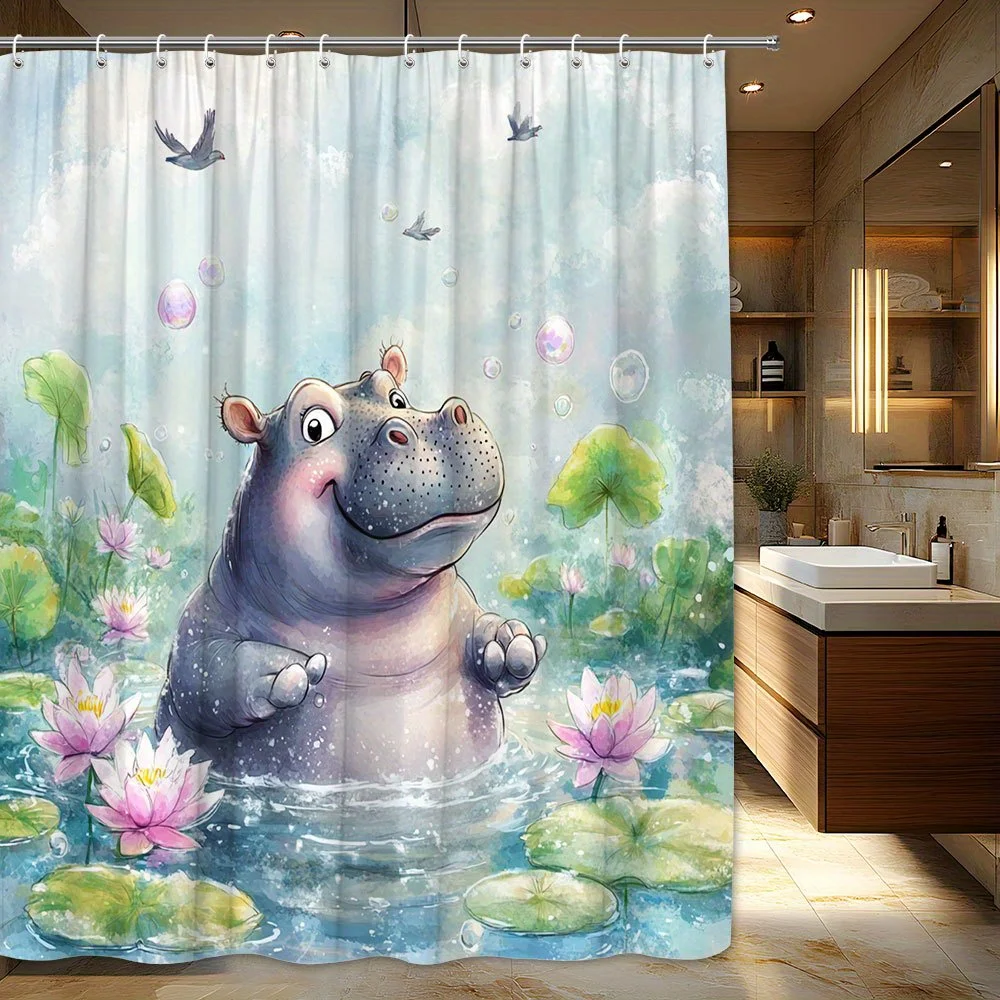 Cute Hippo Shower Curtain Waterproof Polyester Lotus Pond Animal Design Bathroom Decor Novelty Home Gift