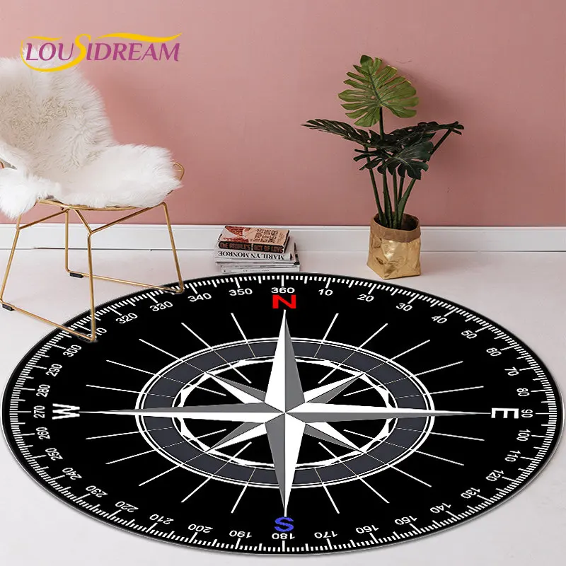 3D 만화 레트로 나침반 원형 영역 러그, 거실 침실 소파 장식용 라운드 카펫 러그, 어린이 미끄럼 방지 바닥 매트, 애완 동물 매트