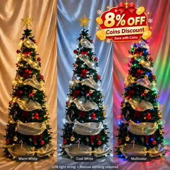 150/180/210cm Pop Up Foldable Christmas Tree Pre Decorated PVC Xmas Tree Space Saving…