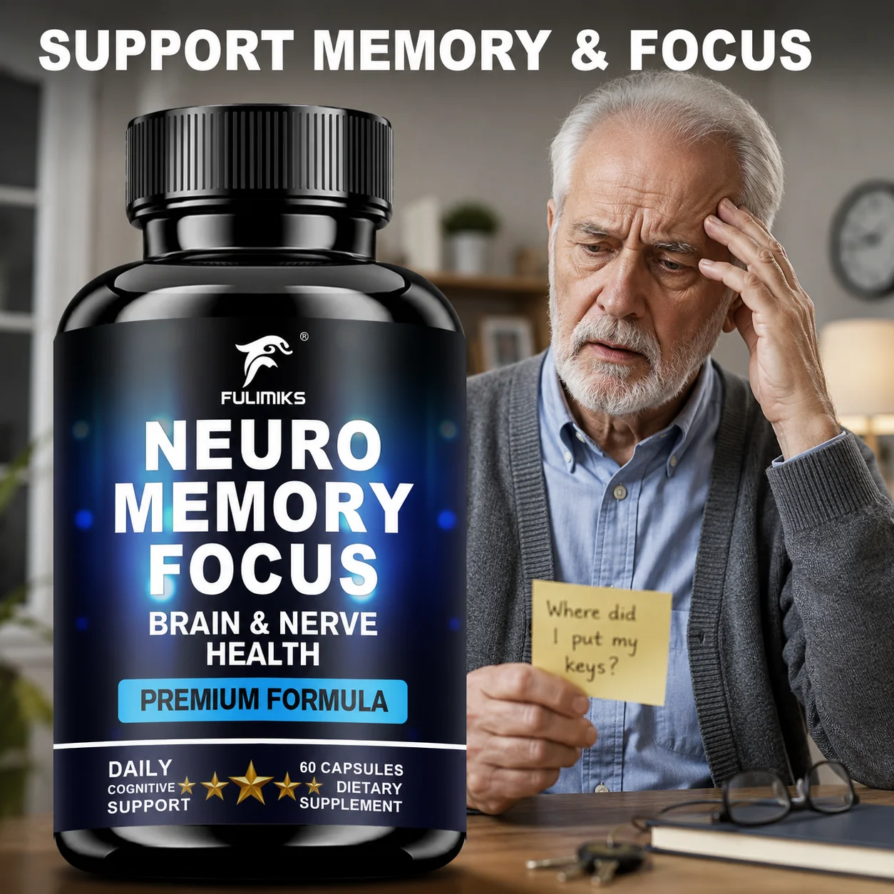Neuro Memory Focus Supplement, Support Mental Focus & Memory Retention, Nourish Nerve Health, Promote Balanced Mental Energy