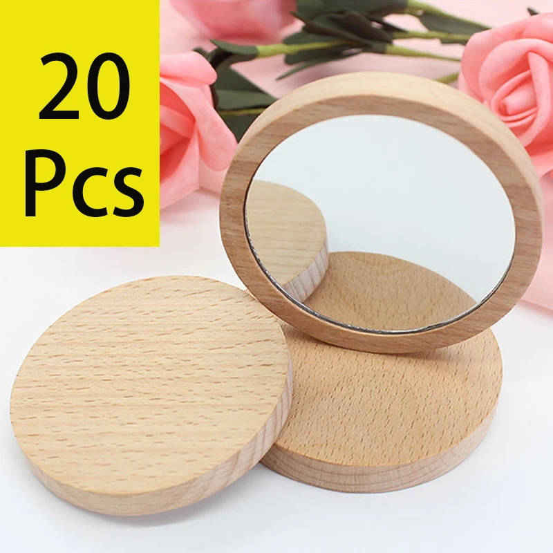 20Pcs Round Portable Makeup Mirrors Pure Wooden Cosmetic Mirror Students Circular Small Princess Vanity Beauty Skin Care Tools