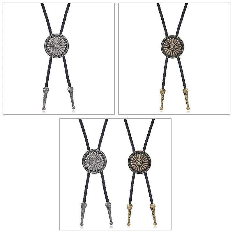 Mens American Leather Rope Bolo Tie Western Shirt Collar Necktie Metal Round Flower Cowboy Pendant Jewelry Shirt Dropshipping