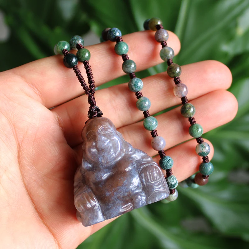 Unit One Piece Natural Ocean Jasper Gemstone Crystal Laugh Buddha Carving Necklace Pendant With Natural Agate Bead Chain