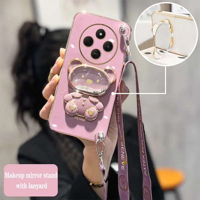 14C Raccoon Makeup Mirror Lanyard Plating Phone Holder Case For Xiaomi Redmi 14C Turbo3 12 A3 9T 9A 10C 10 12C 13C 10A 13 Cover