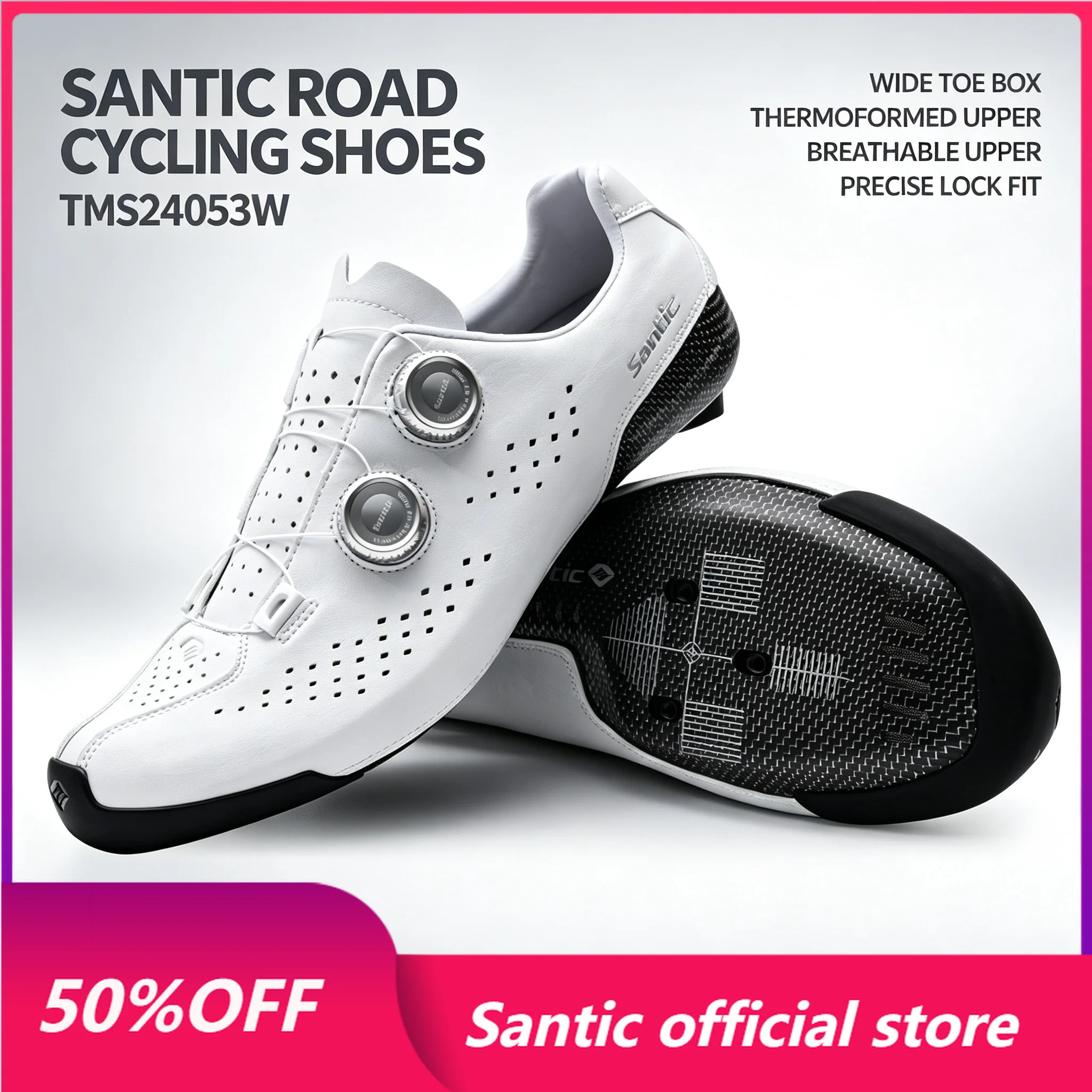 Santic Men's Wide Last Road Cycling ShoesThermoplastic Carbon Sole ATOP Quick-Lock Buckle Breathable Professional Bicycle Shoes