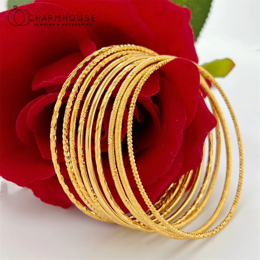 Yellow Gold Plated Round Cirlce Bangles Bracelets for Women 60/62mm Pulsera Stainless Steel Wristband Trendy Jewelry Mix Order