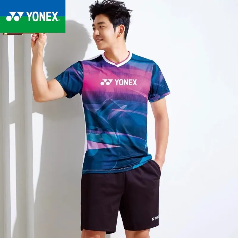 Yonex-قميص تنس الريشة بأكمام قصيرة قابل للتنفس للرجال والنساء ، سطح تظليل هندسي ، سريع الجفاف ، جديد ، صيني