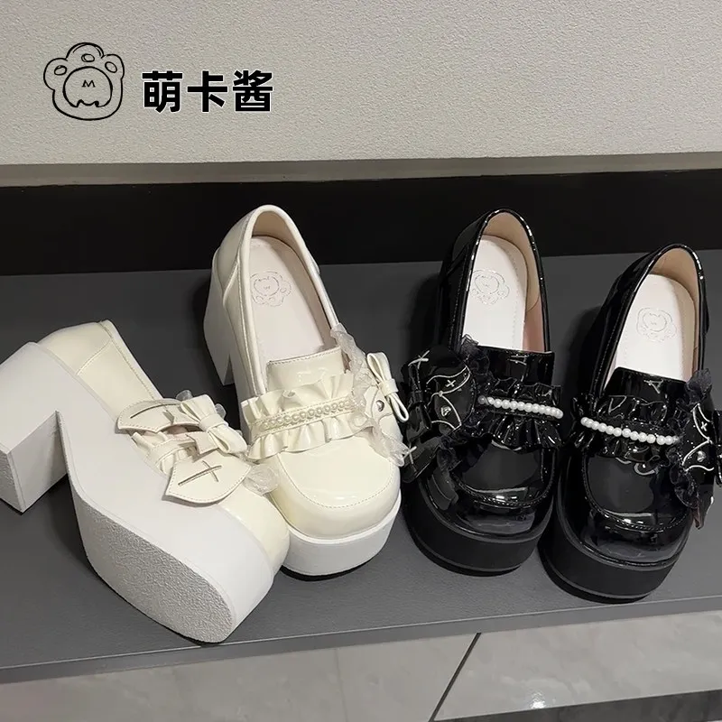 White Lolita Platform Shoes Cross Bunny Ruffle Pearl Mid Heel Pumps Sweet Japanese JK Uniform Shoes