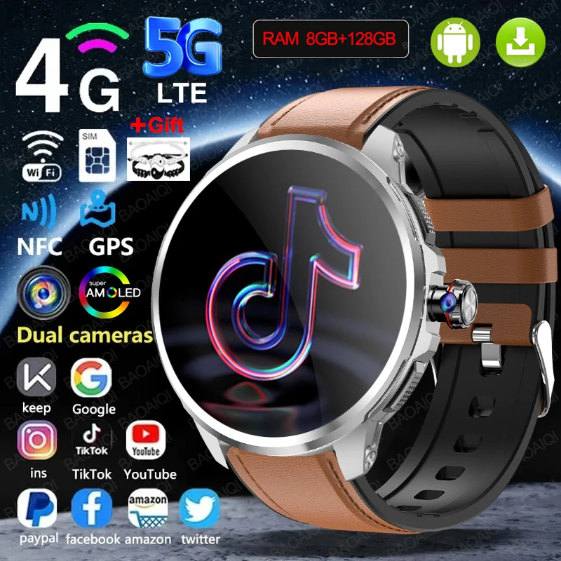 5G/4G All-Network Smart Watch 1.95 inch AMOLED 2100mah Battery 8GB+128GB RAM 900W Camera GPS WIFI Google APP Download Smartwatch