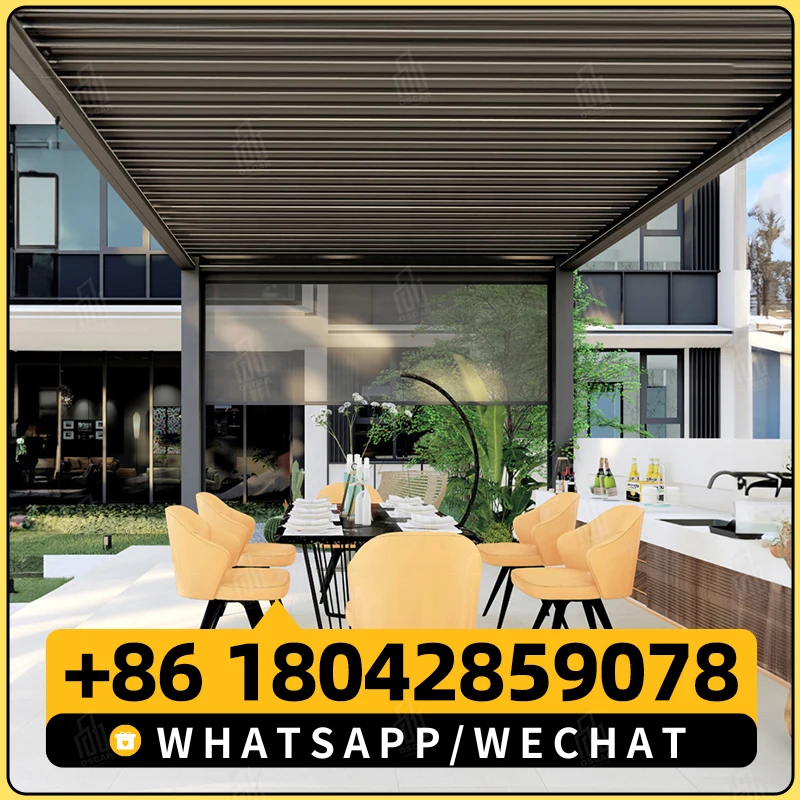 AlunoTec Metal Shade Covers Electric Waterproof Garden Aluminium Gazebo Motorized Outdoor Pergola Bioclimatic Roof System