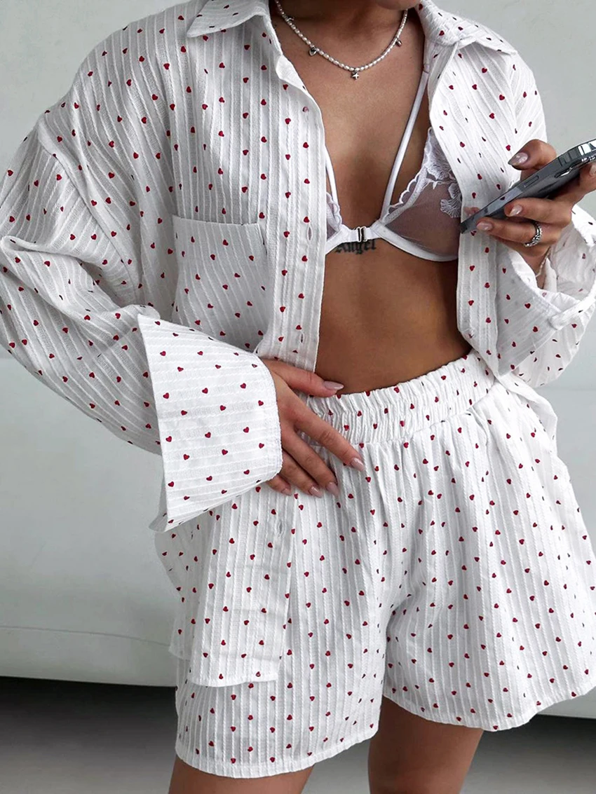 Marthaqiqi Printing Women'S Pajamas Set Long Sleeve Sleepwear Turn-Down Collar Nightwear Shorts Causal Ladies Nightgowns Suits