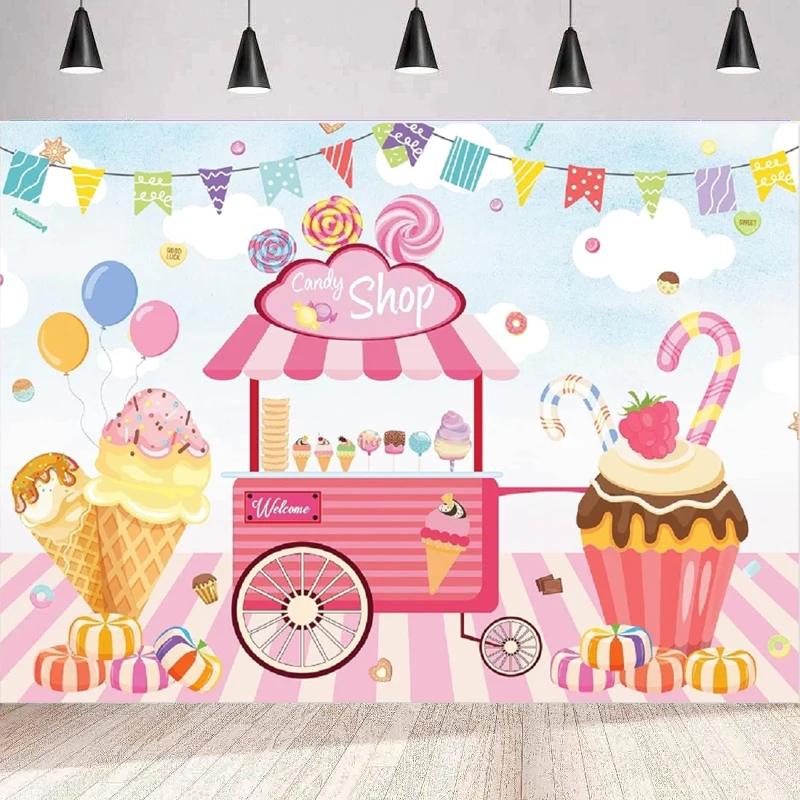 

Candy Shop Photography Background Pink Candyland Sweet Lollipop Shoppe Birthday Ice Cream Home Party Backdrop Wall Banner Poster