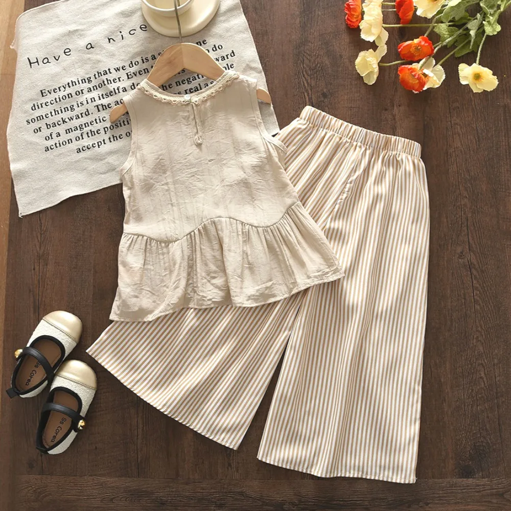 3-7 Years Old Fashion New Khaki Children's Clothing Girls Summer Korean Version Sleeveless Top + Striped Pants Two-piece Set