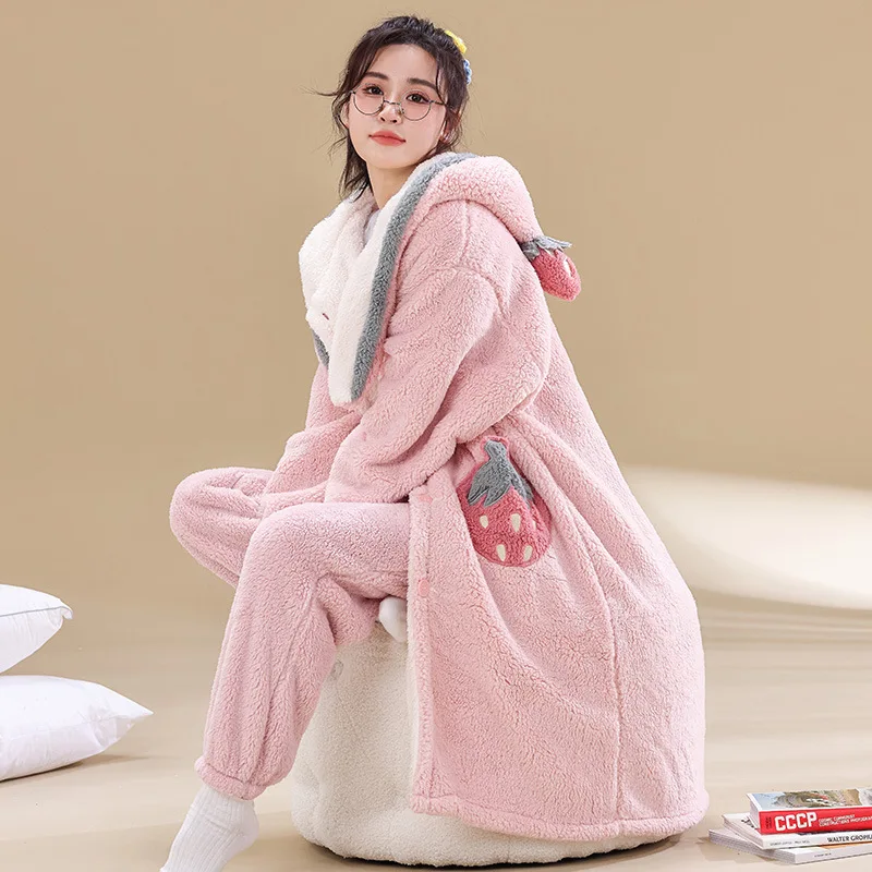 

Cute Cartoon Pink Pajamas Set Winter Flannel Hooded Nightgown With Pants 2 pcs Set Nightdress For Women Sweet Sleepwear Homewear
