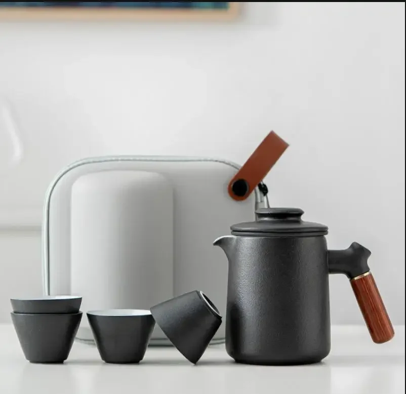 Japanese-style Ceramics Travel Kung Fu Tea Set Portable Anti-scalding Quick Cup One Pot and Four Cups Outdoor Ceramic Teapot