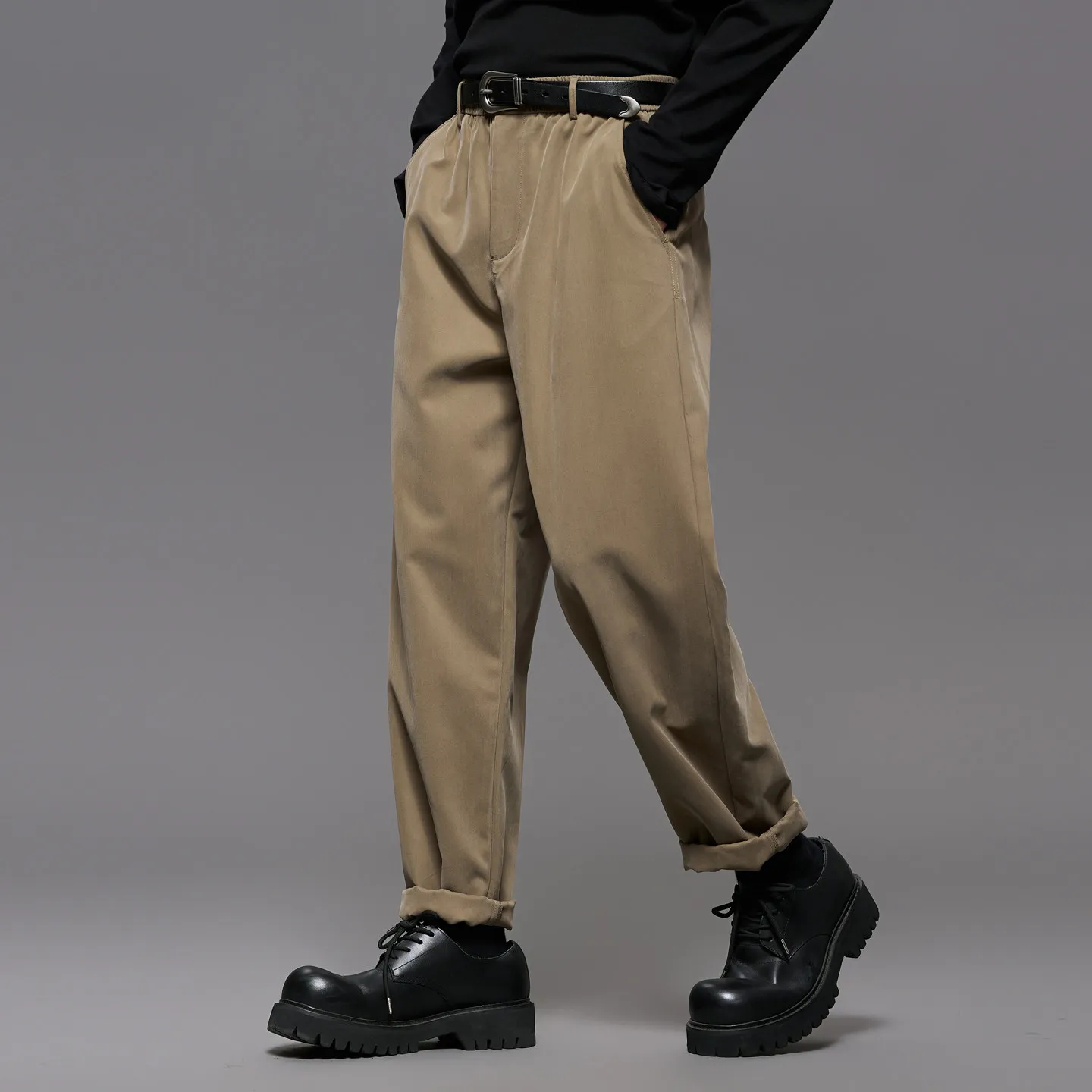High Quality All-Match Retro Minimalist Style Khaki Japanese Straight-Leg Pants Men's Old Money Micro Tapered Trousers