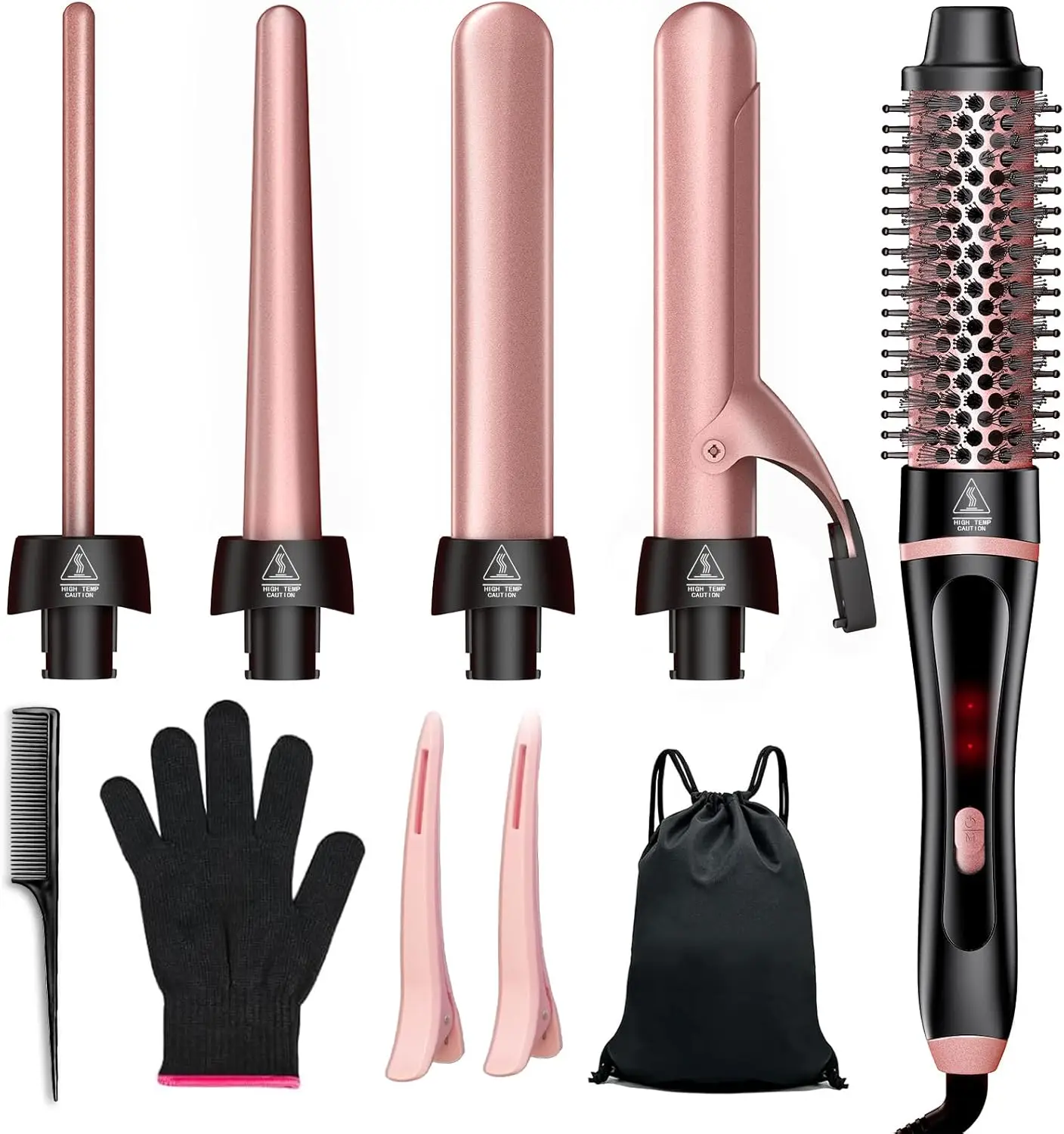 

5-in-1 Curling Iron & Thermal Brush Set with 4 Interchangeable Ceramic Barrels for Fast Heat, Dual Voltage Travel Hair Tools
