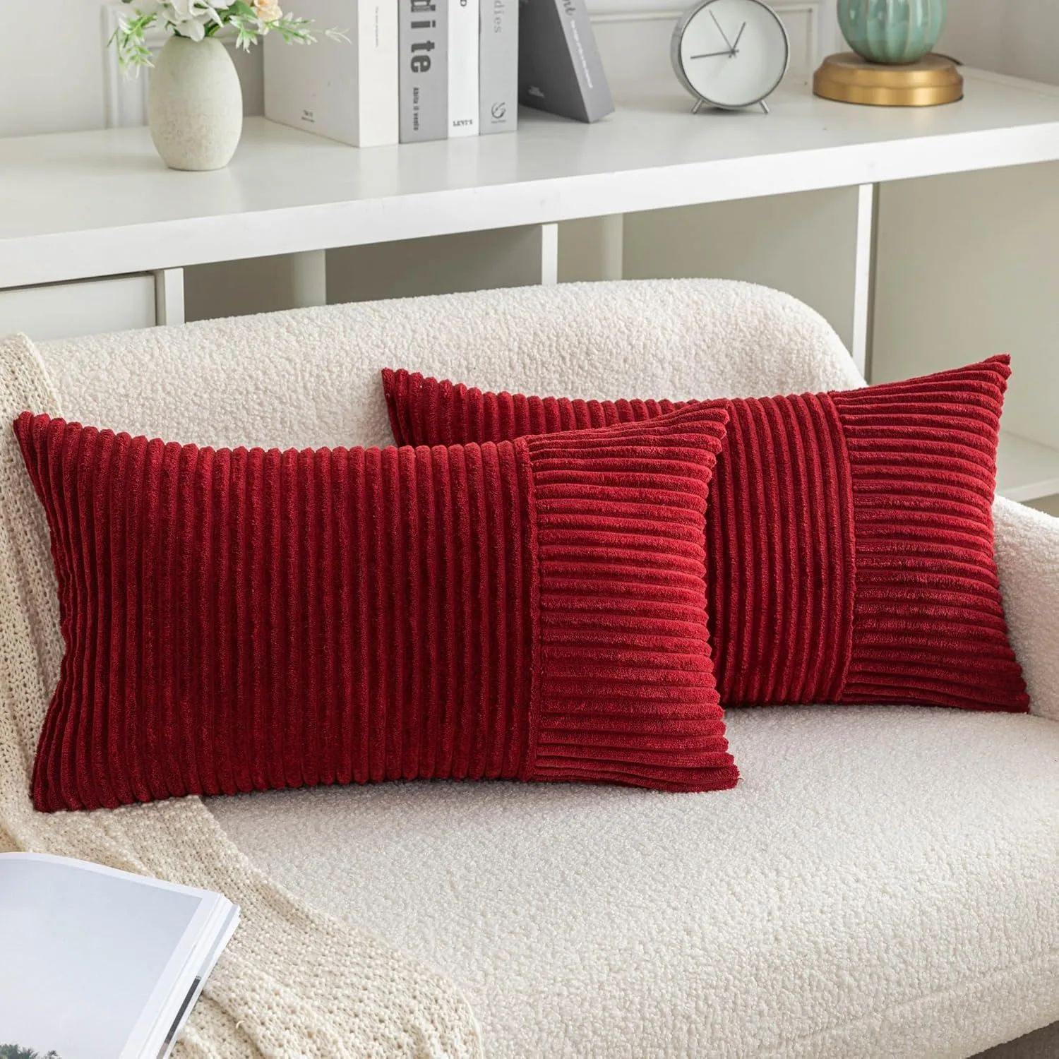 Red Cozy Striped Corduroy Pillow Covers Super 30x50CM Soft Square Throw Pillow Covers Case Cushion Covers for Sofa Couch Sofa