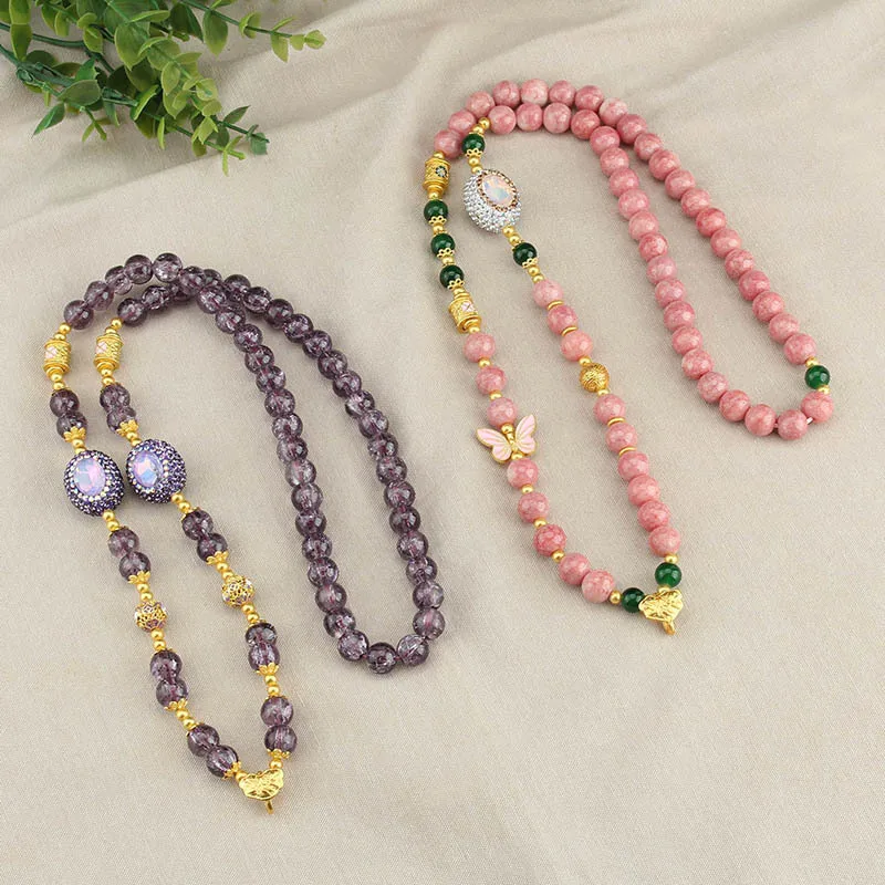 Tangka Anhänger Glas Imitation Amethyst Rosa Perle Frauen Mode Universal Haken Kette Halsketten Schmuck – Detail 1