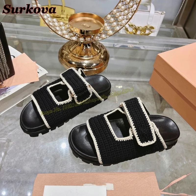 Summer Genuine Leather Slippers Round Toe Color Matching Thick Bottom Sandals Fashion Casual Beach Shoes Women\'S Gladiator 40