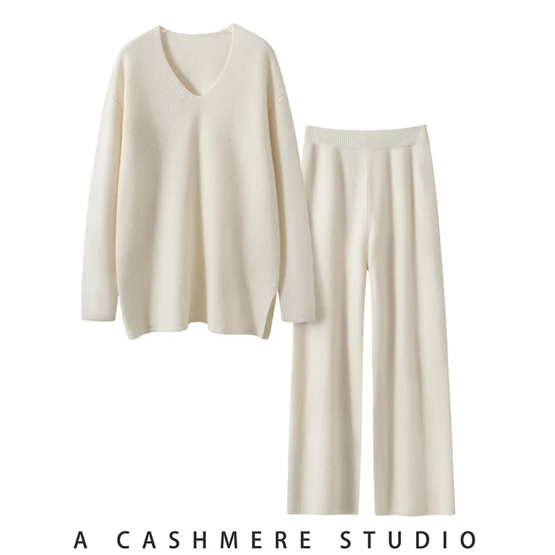 

Осенне-зимний кашемировый костюм: женский свитер с V-образным вырезом и брюки, комплект из 2 предметов
