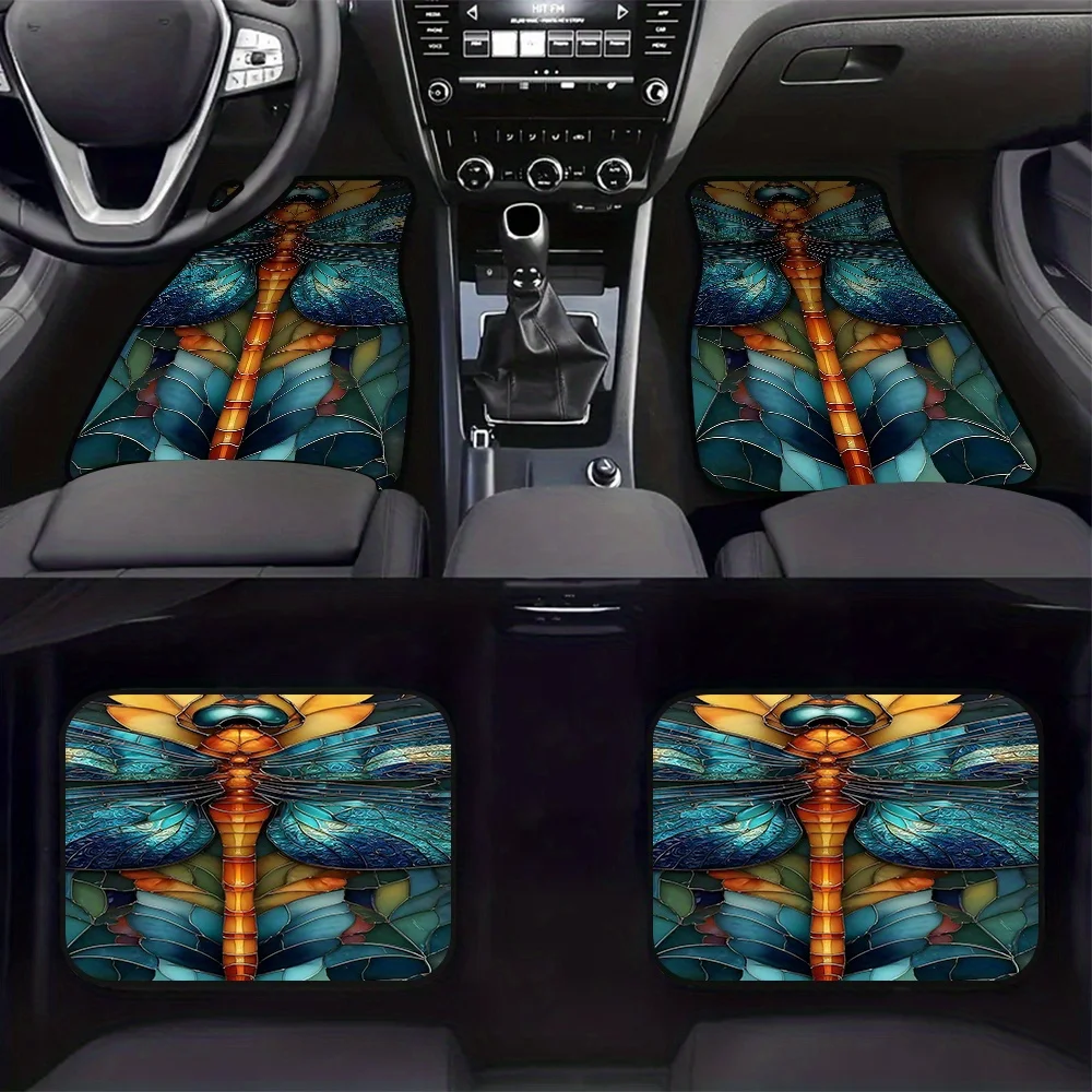 4pcs Car Mats Adorned With Dragonfly Mosaic Motif, Compatible With Hatchbacks Or Crossovers, Presenting Easy Maintenance Surface