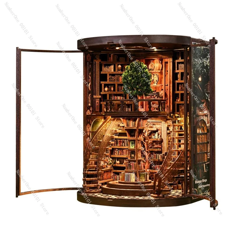 DIY Wooden Book House Bookend Model, Smart Year-Round Theme Miniature House, Handmade Assembly Toy and Bookshelf Decoration