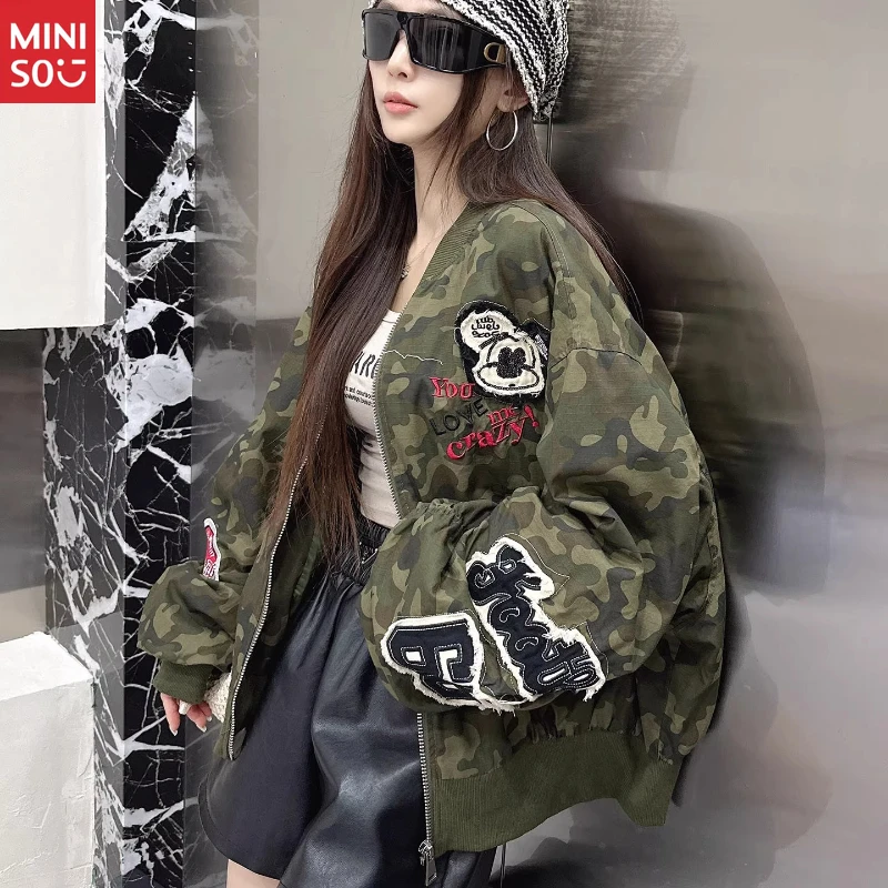 

Miniso 2025 Camo Baseball Jacket, Petite Oversized Coat, Women's Short Bomber
