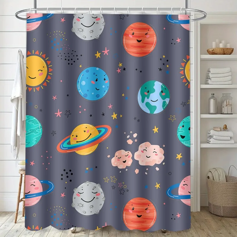 

Cartoon Planet Washable Dirt-Resistant Shower Curtain Shower Head waterproof Polyester Bath Curtain For Home Decor Accessories