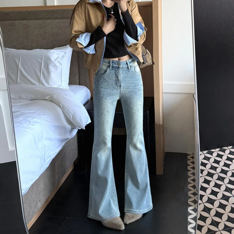2026 spring new light blue starry hotfix rhinestone high-waisted flare jeans