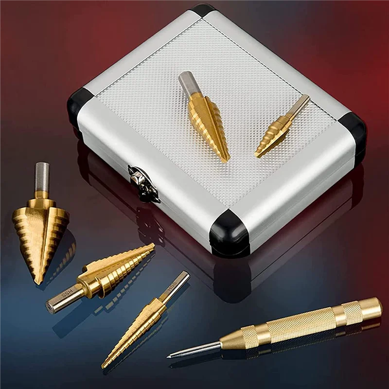 6 Pcs Step Drill Bit Set Titanium HSS Unibit Drill Bits From 1/8 Inch To 1-3/8 Inch Stepped Up Bits & Center Punch-ABUA