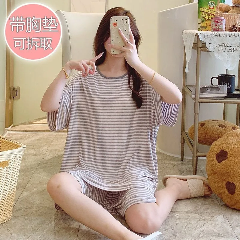 

5XL Large Size Pjs Set Women Modal Summer Pajamas with Chest Pads Loose Striped Short Sleeve Shorts Two Pieces Sets Home Clothes