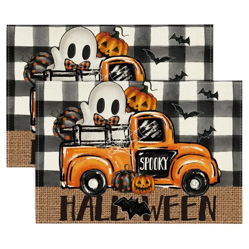 VIKAMA 2/4/6Pcs Halloween Placemats Buffalo Plaid Ghost Pumpkin Bat Truck Print Washable Dining Table Mats Holiday Home Decor