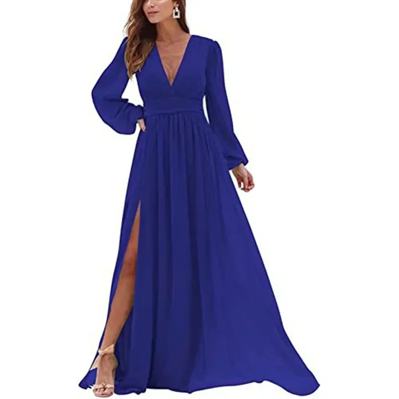 Customized V-neck Long Puff Sleeve Slim Waist Evening Dresses Simple Elegant Long Split Wedding Party Vestidos Temperament Prom