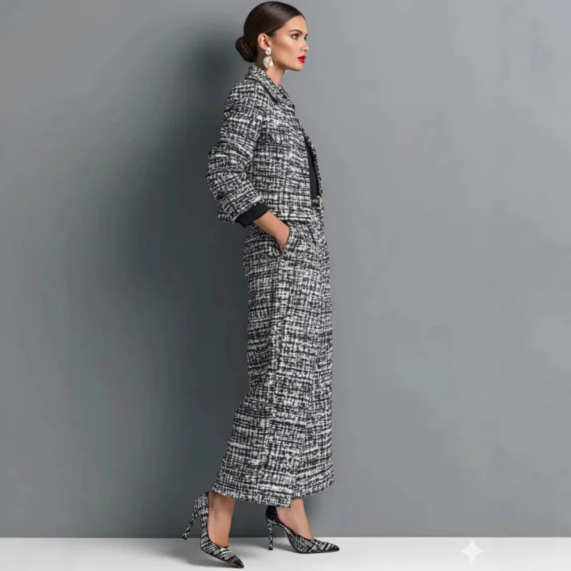 QICHE New 2026 Women European Matching Set Lapel Long‑Sleeve Cropped Jacket Slim‑Fit Wide‑Leg Pants Outfit view 2