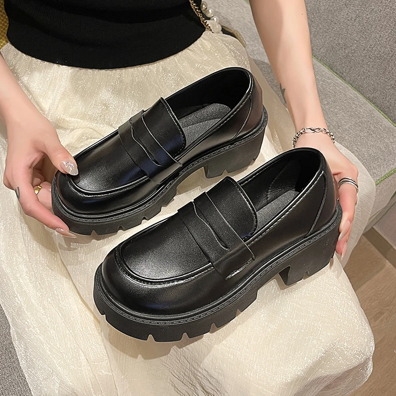 Chunky Loafers Women Platform Shoes Mary Janes Casual Leather Slip on Ladies Black Fashion Spring Autumn College Style