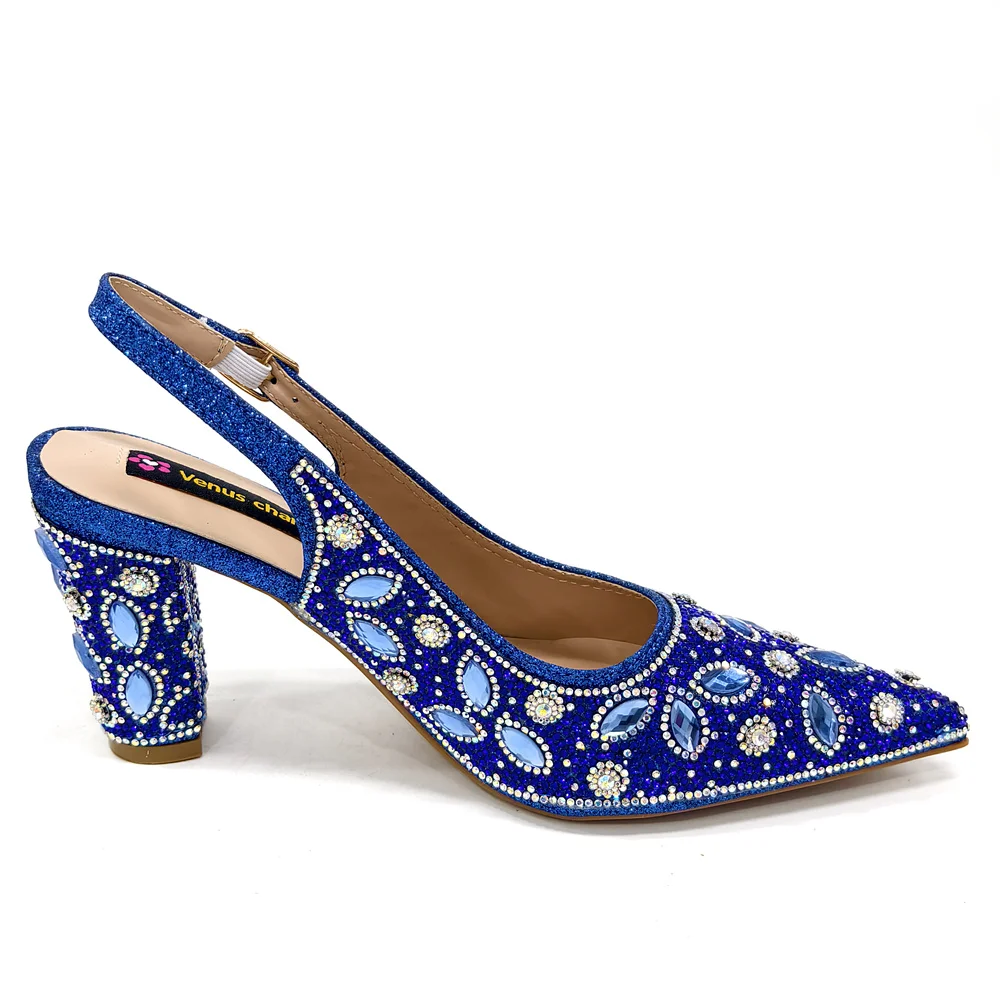 Venus Chan 2025 Elegant Nigerian Women\'s Blue Heels and Rhinestone Handbag Set - Italian Design for Weddings and Parties