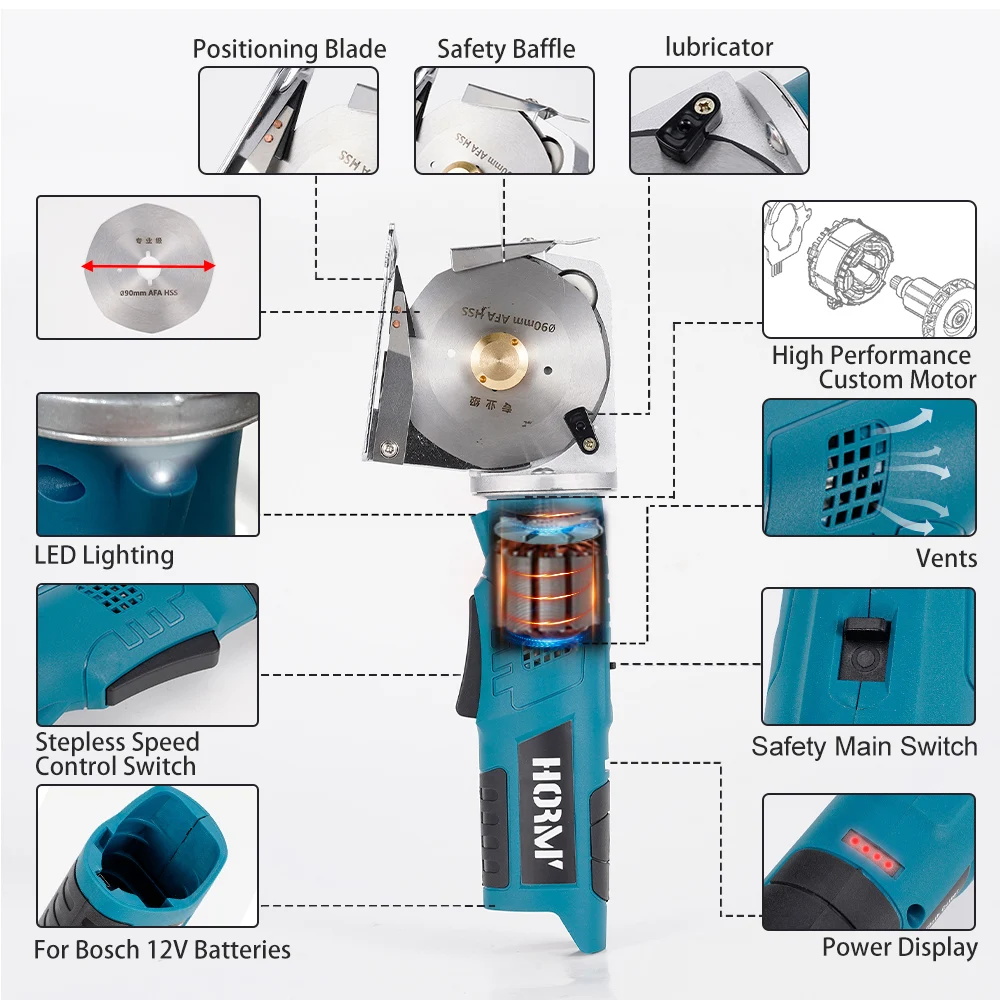 Hormy Electric Round Scissors Rotary Fabric Cutting Cloth Handheld Machine Leather Felt Cutting Power Tool For Bosch Battery