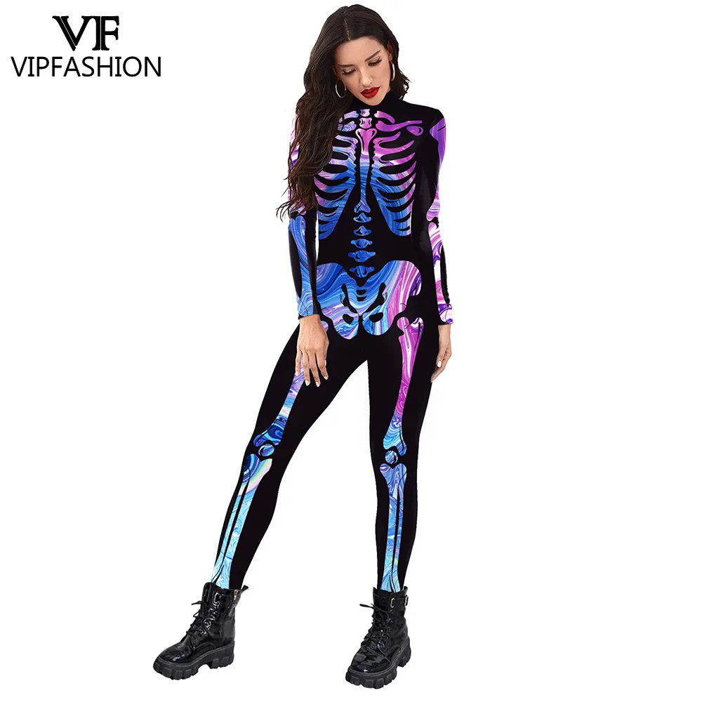 

VIP FASHION Adult Halloween Colorful Skeleton Print Jumpsuit Fancy Cosplay Costume Rave Party Catsuit Spandex Zentai Bodysuit