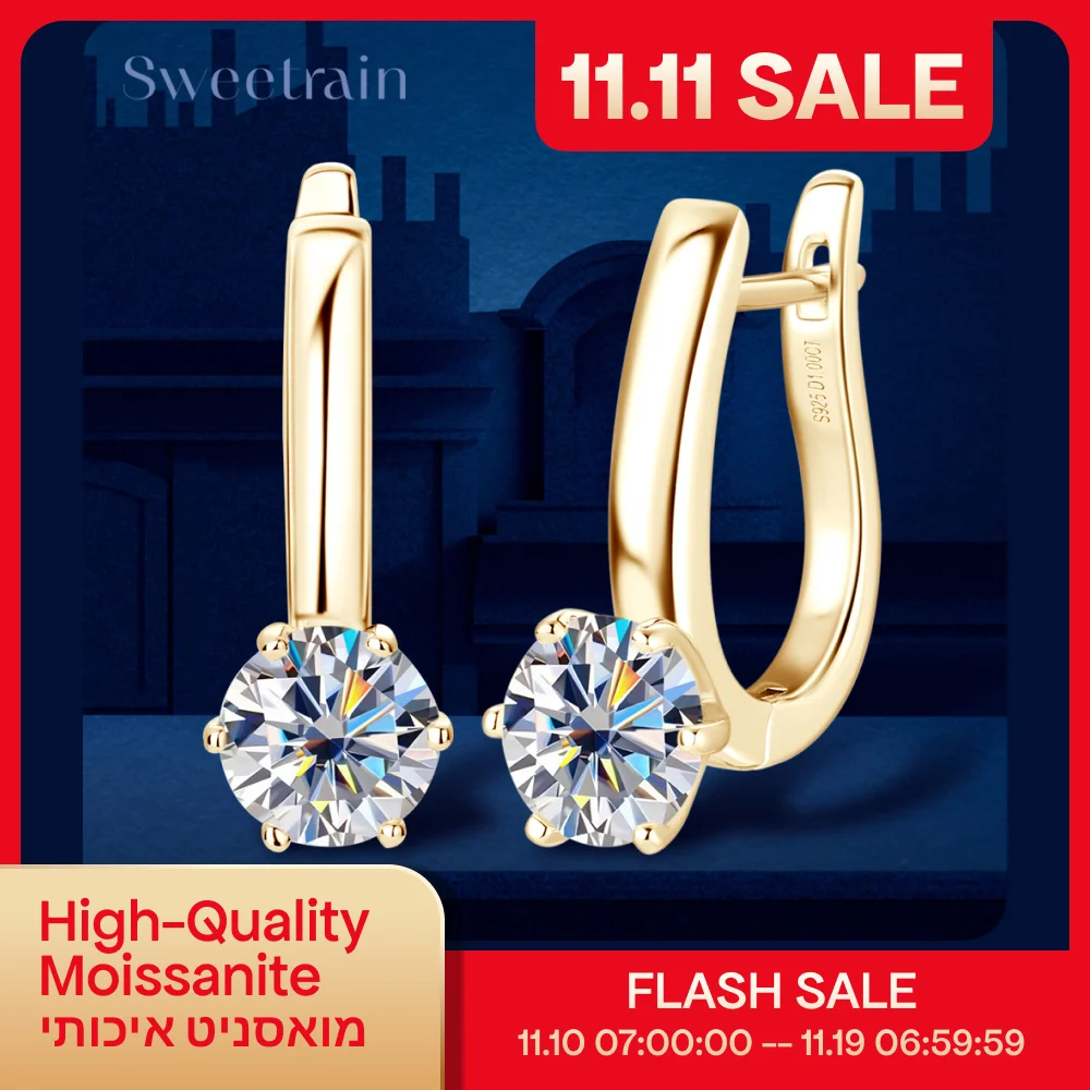 

18K Gold Plated Moissanite Earrings 925 Silver Earring Original Certified 6.5mm Diamond Hoop Ear Clips for Women Jewelry Gift