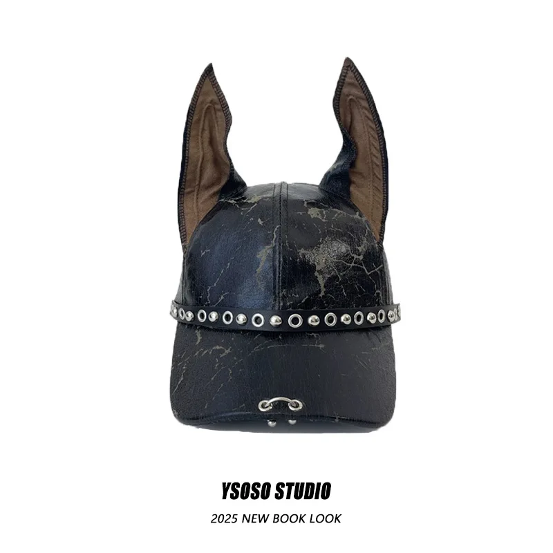 Y2K Leather Punk Baseball Cap with Dog Ear Detail - Unisex Metal Rivet Snapback Hat for Women Men Streetwear Fashion